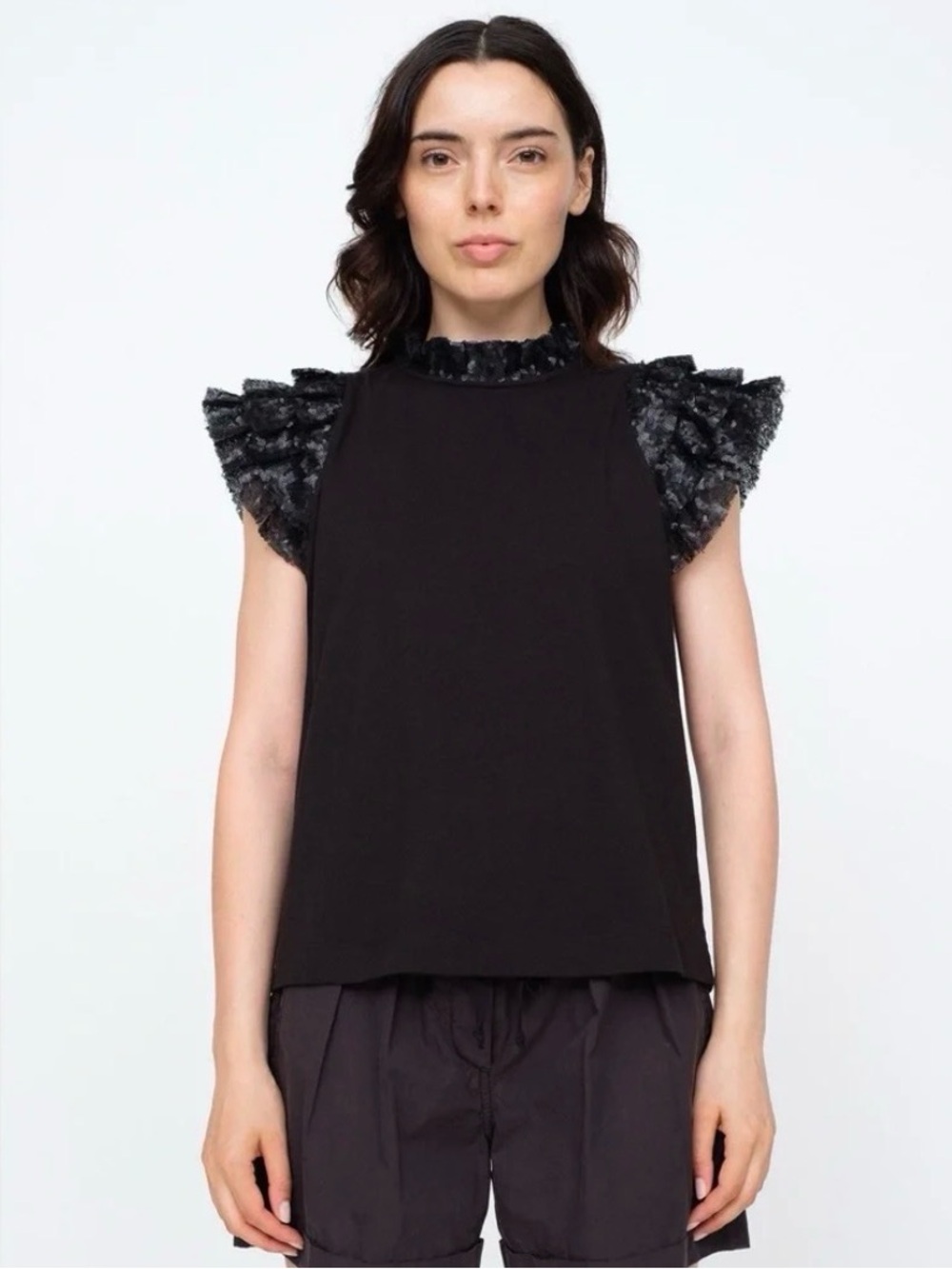 Sea New York Rachelle Sequin Black Flutter Sleeve Mock Neck Women's Top